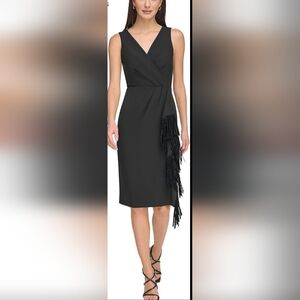 DKNYC Black Sleeveless Fringe Midi Fringe Knee-Length Cocktail Dress 6